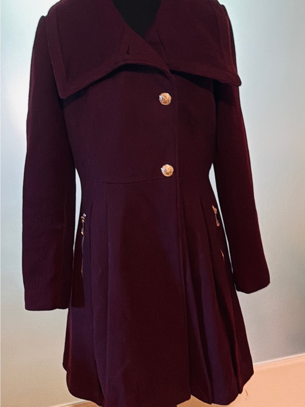 Guess Women's Wine Pea Coat with Gold Buttons